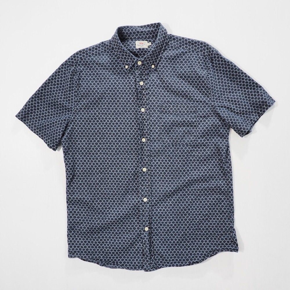 Faherty Shirt Men' Medium Blue Indigo Dyed Scallop Short Sleeve Button Up Resort
